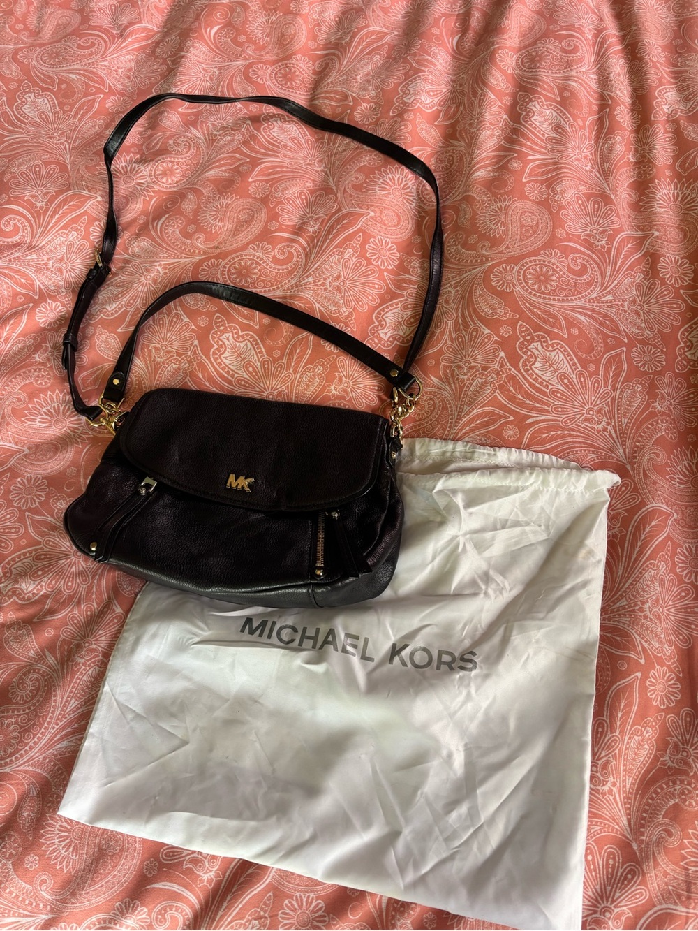 Michael Kors Dark Brown Pebbled Leather Shoulder Bag with Gold Hardware
